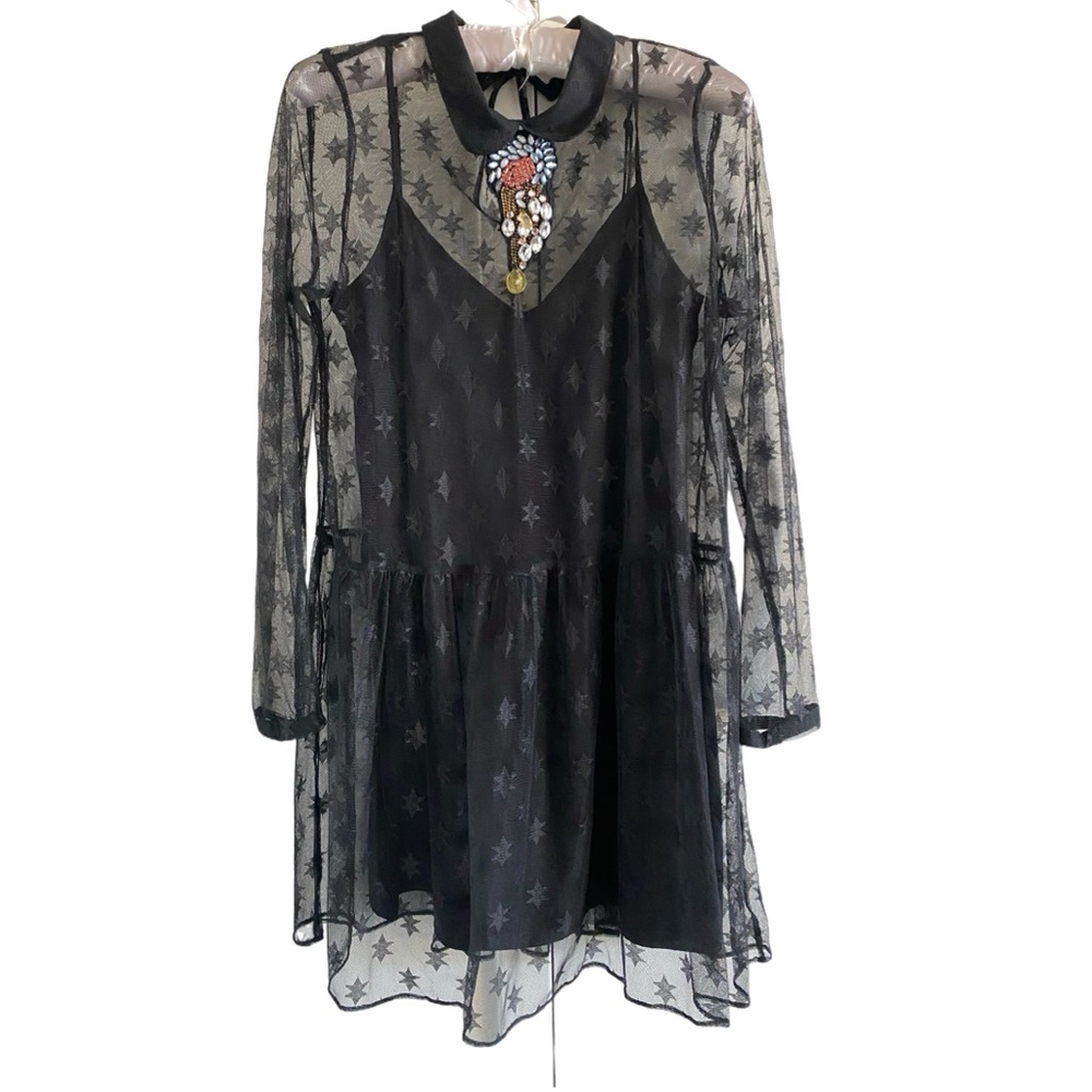 Zara Black Lace Mini Dress with Long Sleeves, size S Small